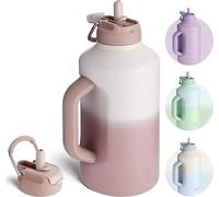 Bouteille d'eau Famanu avec paille et double couvercle - 64 oz - Bouteille de sport en acier inoxydable - dégradé rose