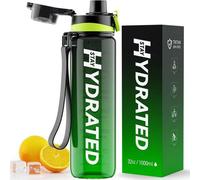 Bouteille d'eau Ibenzoa® de 1 litre avec indicateurs de temps – en Tritan sans BPA, bouchon à bouton-poussoir étanche, large ouverture pour les glaçons et les fruits, transparente, idéale pour le spor