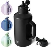 Bouteille d'eau isolée avec paille, double couvercle, 1,8 l, noir