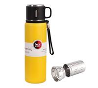 Bouteille d'eau isotherme en acier inoxydable de 600 ml avec une tasse - Bouteille d'eau isotherme pour boissons chaudes/froides, isolation 24 heures, voyage (jaune)