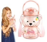 Bouteille d'eau pour enfants Benzoa® en forme d'ours, 1000 ml – Fabriquée en polycarbonate sans BPA, avec paille et bandoulière, rose/marron, inclut des autocollants