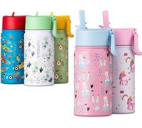 Bouteille d'eau pour enfants Famanu, 350 ml, avec paille - en acier inoxydable, sans BPA, étanche, réutilisable - rose