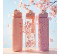 Bouteille d'eau Sakura grande capacité 800ml, tasse à paille en matériau PC avec couvercle pop-up portable, bouteille d'eau de sport avec imprimé Sakura étanche et antichoc, tasse de voyage style fill