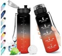 Bouteille d'eau Unyqoos® 1 L – Fabriquée en plastique sans BPA, adapté au contact alimentaire, avec filtre à fruits et repères de temps pour la motivation, étanche, couvercle rabattable à une main, an