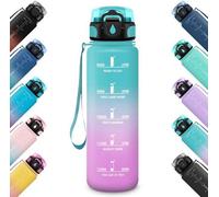 Bouteille d'eau Unyqoos® de 1 litre avec indicateur de temps et filtre à fruits, en plastique de qualité alimentaire, couvercle rabattable avec ressort métallique, antidérapante – idéale pour le sport