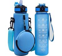 Bouteille d'eau Unyqoos® de 1 litre avec paille et indicateur de temps, housse en néoprène souple + sac de transport, plastique PP sans BPA, bleu, idéale pour le bureau et le sport