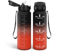 Bouteille d'eau Unyqoos® de 1 litre avec paille – Fabriquée en plastique de qualité alimentaire, sans BPA, avec marquages de temps, couvercle rabattable à une main avec système de sécurité, étanche, p