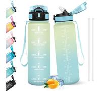 Bouteille d'eau Unyqoos® de 1 litre – étanche avec paille, sans BPA, plastique de qualité alimentaire, avec indicateurs de temps, couvercle à rabat à une main, joint d'étanchéité en silicone à 360°