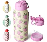 Bouteille en acier inoxydable de 1 litre avec paille et compartiment pour pilules, à double paroi, motif "Fraise"