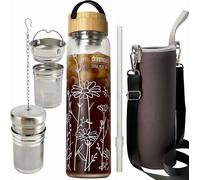 bouteille en verre de 1 litre avec couvercle en bambou et housse, bouteille de thé avec passoire, motif floral