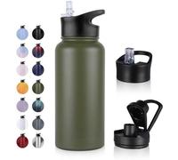 Bouteille isotherme 1 L avec paille, étanche, adaptée aux boissons acides, bouteille isotherme à double paroi sous vide sans BPA avec 2 couvercles, pour le sport, les voyages, le camping, l'école, le 