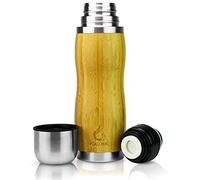 Bouteille isotherme 350 ml - Bambou: Bouteille de thé de qualité supérieure en acier inoxydable avec housse en bambou - Gourde avec couvercle utilisable comme tasse à thé - Sans BPA - 12 h chaud