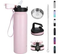 Bouteille isotherme avec bec verseur, 1 l, grande, couleur métallisée, 1 litre, étanche, conserve la chaleur et le froid, pour le vélo, le camping, le sport, avec différents bouchons