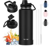 Bouteille isotherme de 1 L, en acier inoxydable, étanche, gourde de sport, gobelet sans BPA, test d'étanchéité réussi, avec poignées, 2 bouchons, noir