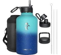 Bouteille isotherme de 2 litres, grand ensemble de bouteilles isothermes sous vide avec clapet anti-retour et 3 bouchons, bouteille isotherme en acier inoxydable pour le sport et les voyages, bleu éto