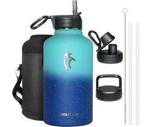 Bouteille isotherme de 2 litres, grand ensemble de bouteilles isothermes sous vide avec clapet anti-retour et 3 bouchons, bouteille isotherme en acier inoxydable pour le sport et les voyages, bleu éto