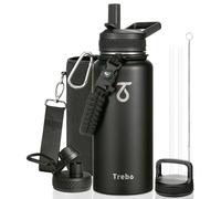 Bouteille isotherme de 946 ml, en acier inoxydable à double paroi et isolée sous vide, noire, avec poignée en paracorde et 3 bouchons, capable de maintenir les boissons chaudes pendant 24 heures et fr