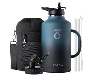 Bouteille isotherme en acier inoxydable, 2 litres, avec poignée et sac de transport, couleur indigo, conserve les boissons froides pendant 48 heures et les boissons chaudes pendant 24 heures