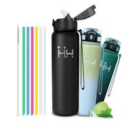Bouteille Isotherme- Gourde Inox 1l- Gourde Avec 6 Paille- Acier Inoxydable 18/8- Thermos Isotherme Anti Fuite- 24h Froid & 12h Chaud - Double Isolation, Bouteille d'eau pour Randonnée, Sport, Yoga