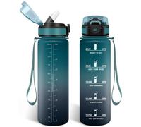 Bouteille réutilisable Unyqoos® de 1 litre avec paille et indicateurs de temps – Sans BPA, plastique de qualité alimentaire, couvercle rabattable étanche avec joint en silicone, utilisation à une main