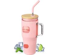 Bouteille rose d'1 litre avec bouchon en bambou et 2 pailles