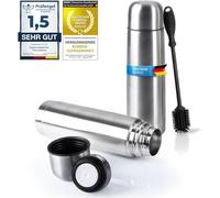 Bouteille thermos en acier inoxydable à double paroi avec gobelet et brosse; anti-fuite, va au lave-vaisselle, sans BPA + brosse de nettoyage ; garde les boissons chaudes & froides (Argent, 1000 ml)