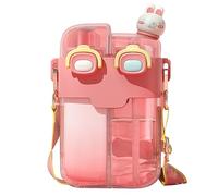 Bouteilles D'eau Kawaii avec Paille, Mode en Plastique Double Bouteille D'eau Potable Sangle Réglable pour Sports Fitness Gym Camping Cruche D'eau (Rose Corail 780ml)