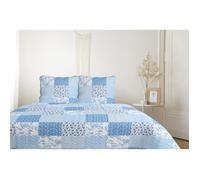 Boutis Patchwork Bleu Mimosa - 230x250 cm - Boutis 2 places avec 2 taies 65x65cm - Couvre-lit Matelassé - Autrefois