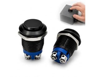 Bouton Poussoir 12V, Lot de 2, Momentané 16 mm, Métal Noir IP20 | Retour Automatique et Bornes à Vis sans Soudure, 1 A jusqu’à 220 V pour Voiture Moto Sonnette Bateau et Projets Électroniques
