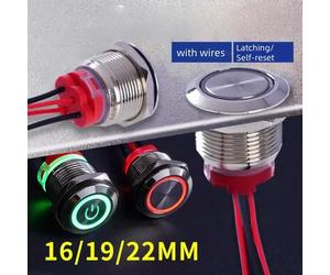 Bouton poussoir/commutateur 16/19/22mm court en métal argenté 6/12/24/220V, à réinitialisation automatique, verrouillable, avec voyant lumineux et câble de 15cm pour voiture (Marche/Arrêt) White power