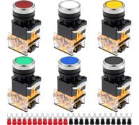 Bouton poussoir momentané 22mm 440V 10A, 6 couleurs, 6 interrupteurs + 24 | Contacts argentés jusqu'à 5 000 000 cycles électriques ; boîtier ignifuge ; 1NO 1NC ; 37x29x66mm.