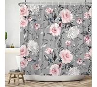 Bovlleetd 180x200cm Rideau de Douche Floral Rose Botanique Rideaux Douche Gris de Salle de Bain Rideau de Baignoire Imperméable avec Crochet