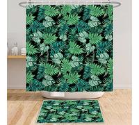 Bovlleetd Feuille Verte Rideau De Douche 180x200cm Feuille De Palmier Botanique Rideaux De Douche Plante Tropicale Fond Noir Salle De Bains Rideau Décoratif Rideau De Baignoire Imperméable