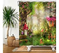 Bovlleetd Rideau de Douche Contes de Fées de Printemps - Champignon, Arbre Parlant Enchanté pour Salle de Bain, Plante de Pelouse Verte avec Soleil et Fleurs - 183x198cm