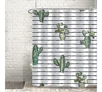 Bovlleetd Rideau de Douche rayé Noir Blanc Grand Cactus avec Plantes Vertes épineuses Dessin animé Rideaux de Douche imperméable Filles Rideau de Bain 180x200cm