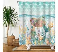 Bovlleetd Rideau de Douche thème sirène océan Dessin animé de rêve Monde sous-Marin Plante de Poisson Tropical Corail Arc-en-Ciel Bulle Rideau de Douche décoratif Accessoires de Salle de Bain