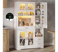 BOWDOW Buffet Grange Blanc 185cm avec LED Changeable et Prises | Meuble cuisine style grange blanc, étagères réglables, tiroir, LED changeable, prises, vaisselier intégré, 185 cm