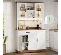 BOWDOW Buffet Grange Blanc Bois 185cm avec LED et Prises | Meuble style grange naturel clair et blanc, étagères réglables, tiroirs, crochets inox, LED changeable, prises