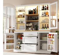 BOWDOW Buffet Haut Blanc 185cm, 3 tiroirs, Plan de Travail, LED APP | Meuble cuisine blanc 185 cm, 3 tiroirs, étagères réglables, plan de travail, éclairage LED APP, 140 cm de large