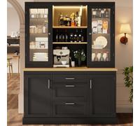BOWDOW Buffet Haut Noir 185cm, 3 tiroirs, Plan de Travail, LED APP | Meuble cuisine noir 185 cm, 3 tiroirs, étagères réglables, plan de travail, éclairage LED APP, 140 cm de large