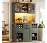 BOWDOW Buffet Vert Antique 188cm avec LED, Prises, Rangement vin | Meuble cuisine vert antique, étagères réglables, porte-verres, porte-bouteilles, prises AC/USB, LED, 188 cm