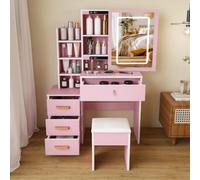 BOWDOW Coiffeuse LED Rose 85 cm, Grand Miroir, 4 tiroirs, Tabouret | 3 températures, portes vitrées coulissantes, style rétro américain, stable.