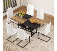 BOWDOW Ensemble Table à Manger 160cm, 6 Chaises Blanches PU, Rangement | Table MDF 160cm, rangement intégré, chaises PU, structure métal, montage 15 min.