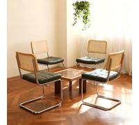 BOWDOW Lot de 4 Chaises Salle à Manger Cantilever Cuir PU Rotin Vert Chrome | Dossier rotin tressé main pour un confort aéré, assise nettoyable d'un coup d'éponge, cadre chromé testé 150kg, vert tendance