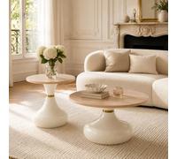 BOWDOW Set 2 Tables Rondes Bois Blanc Ø70/50 cm, mélamine, Modernes | Mélamine aspect bois 18 mm, structure métal blanc stable, Ø70 H42 et Ø50 H51,5, charge 50/30 kg, patins antidérapants.