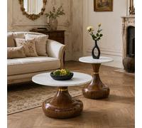 BOWDOW Set 2 Tables Rondes marbre Blanc Noyer Ø70/50 cm, mélamine | Mélamine effet marbre blanc 18 mm, structure métal noyer stable, Ø70 H42 et Ø50 H51,5, charge 50/30 kg, patins antidérapants.