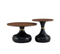 BOWDOW Set 2 Tables Rondes Noyer Noir Ø70/50 cm, mélamine, Modernes | Mélamine aspect noyer 18 mm, structure métal noir stable, Ø70 H42 et Ø50 H51,5, charge 50/30 kg, patins antidérapants.