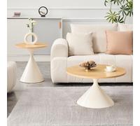 BOWDOW Set 2 Tables sablier Bois crème Ø70/50 cm, empilable | Mélamine aspect bois, socles coniques acier laqué crème, Ø70 H40 et Ø50 H50, empilables, gain de place, montage 15 min.