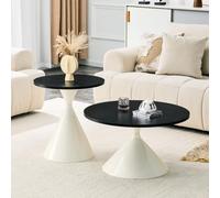 BOWDOW Set 2 Tables sablier Noir Blanc Ø70/50 cm, empilable | Mélamine aspect noir, socles coniques acier laqué blanc, Ø70 H40 et Ø50 H50, empilables, gain de place, montage 15 min.