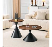 BOWDOW Set 2 Tables sablier Noyer Noir Ø70/50 cm, empilable | Mélamine aspect noyer, socles coniques acier laqué noir, Ø70 H40 et Ø50 H50, empilables, gain de place, montage 15 min.